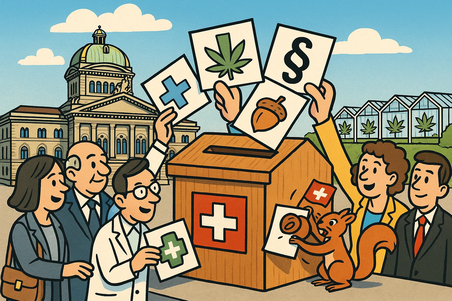 Symbolbild: Die Schweizer Flagge weht über einem geordneten Feld von Cannabis-Pflanzen, das in Richtung Fachgeschäfte führt.