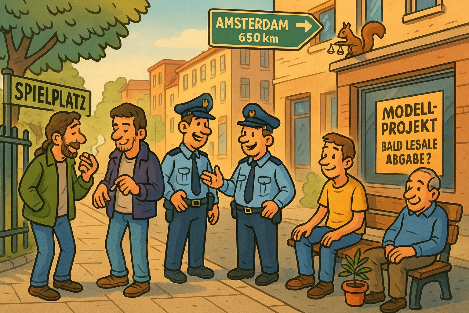 Symbolbild: Eine Deutschlandkarte aus verschiedenfarbigen Flicken (Cannabis-Umsetzung) und ein kritischer Blick aus den Niederlanden.