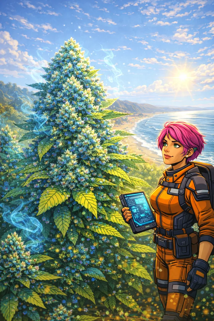 Dr. Thorn und die Strainversler vor einem blauen Hologramm der Blue Dream Blüte.