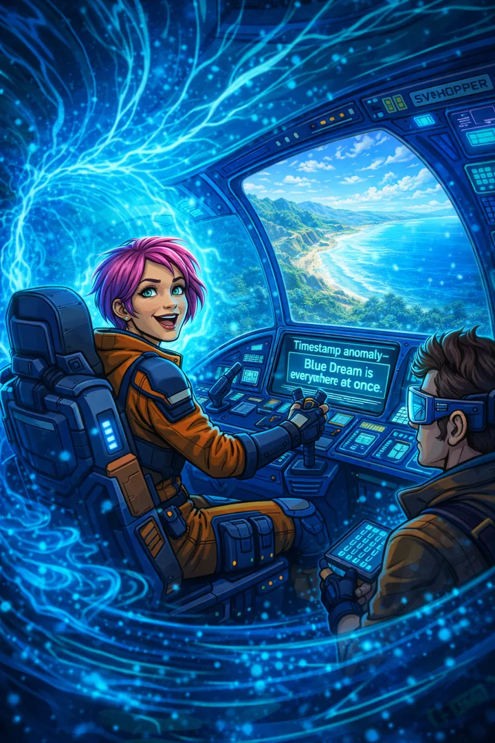 SV-Hopper im blauen Zeitstrom auf dem Weg nach Santa Cruz, Kira studiert ein holografisches Briefing.