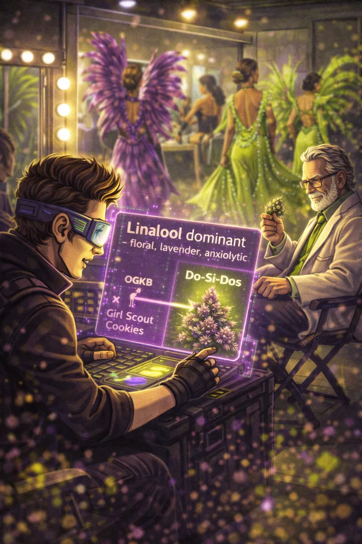 Aris analysiert Do-Si-Dos backstage, Tänzer in Kostümen laufen vorbei. Display: Indica 70%, Linalool: Max.