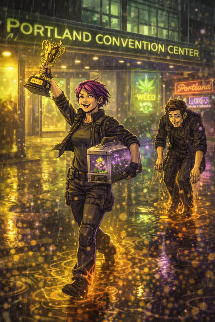 Juno trägt Tanztrophäe und Do-Si-Dos Klon gleichzeitig, Aris schleppt sich hintendran, Portland-Nacht im Regen.