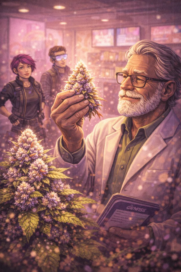 Dr. Thorn präsentiert stolz Ice Cream Cake Buds mit rosa-cremigem Glow, Juno und Aris im Hintergrund.