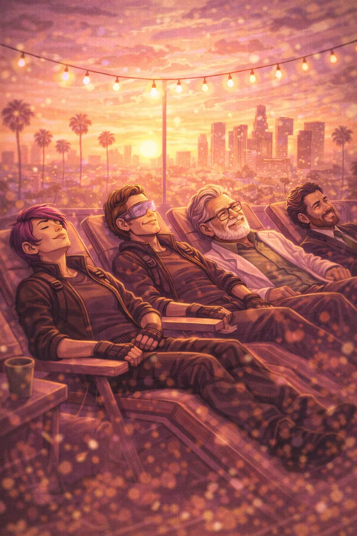 Das gesamte Strainverse-Team liegt entspannt auf LA-Dachterrasse unter Sterne, rosafarbener Schleier über allem. Dr. Thorn lächelt selten, jetzt aber schon.