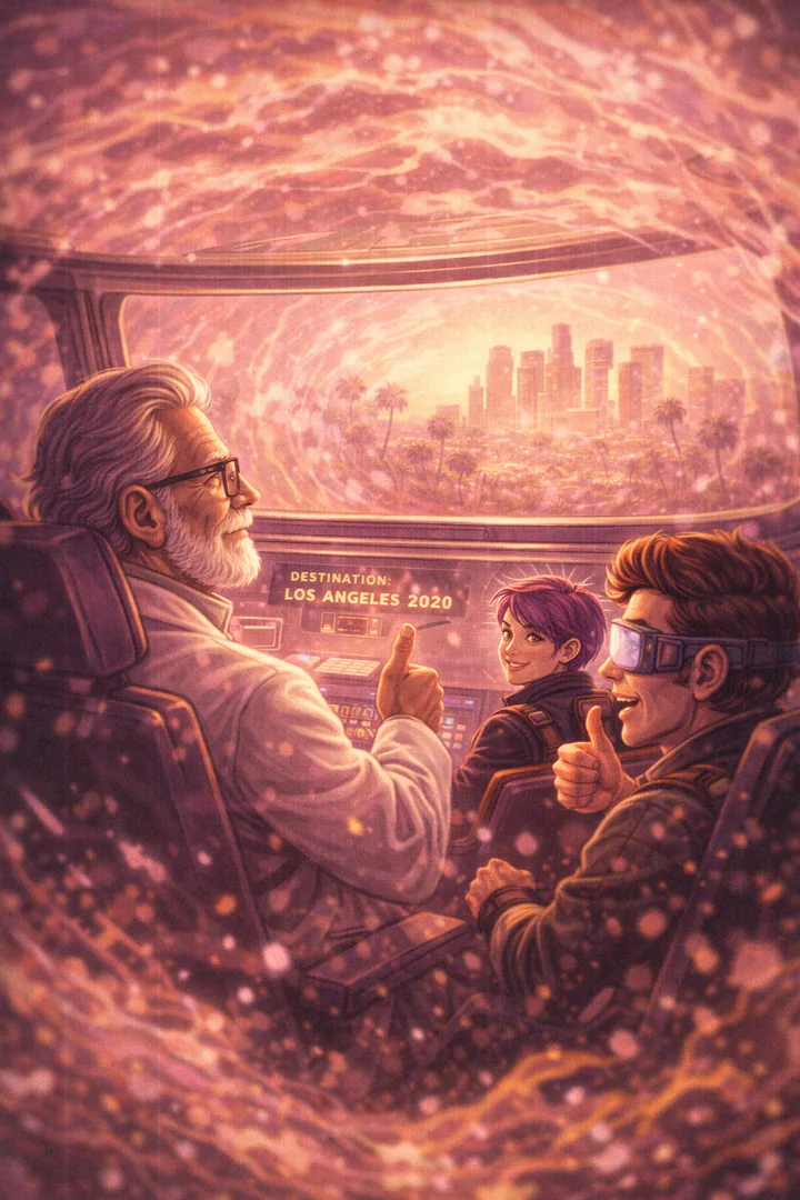 SV-Hopper im rosa-cremigen Zeitvortex, Dr. Thorn sitzt ungewöhnlicherweise im vorderen Sitz anstatt Reddington. Los Angeles Skyline im Hologramm.
