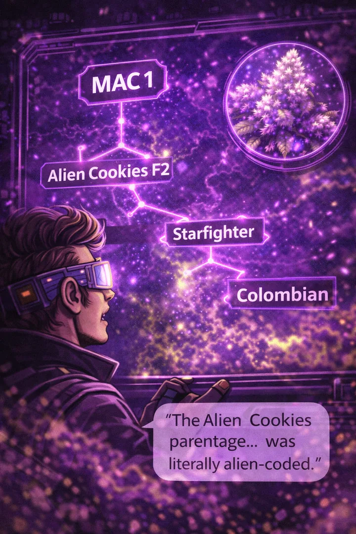 Aris' Terp-O-Meter strahlt kosmisches Purpur aus und zeigt 7 nicht-klassifizierbare Verbindungen.