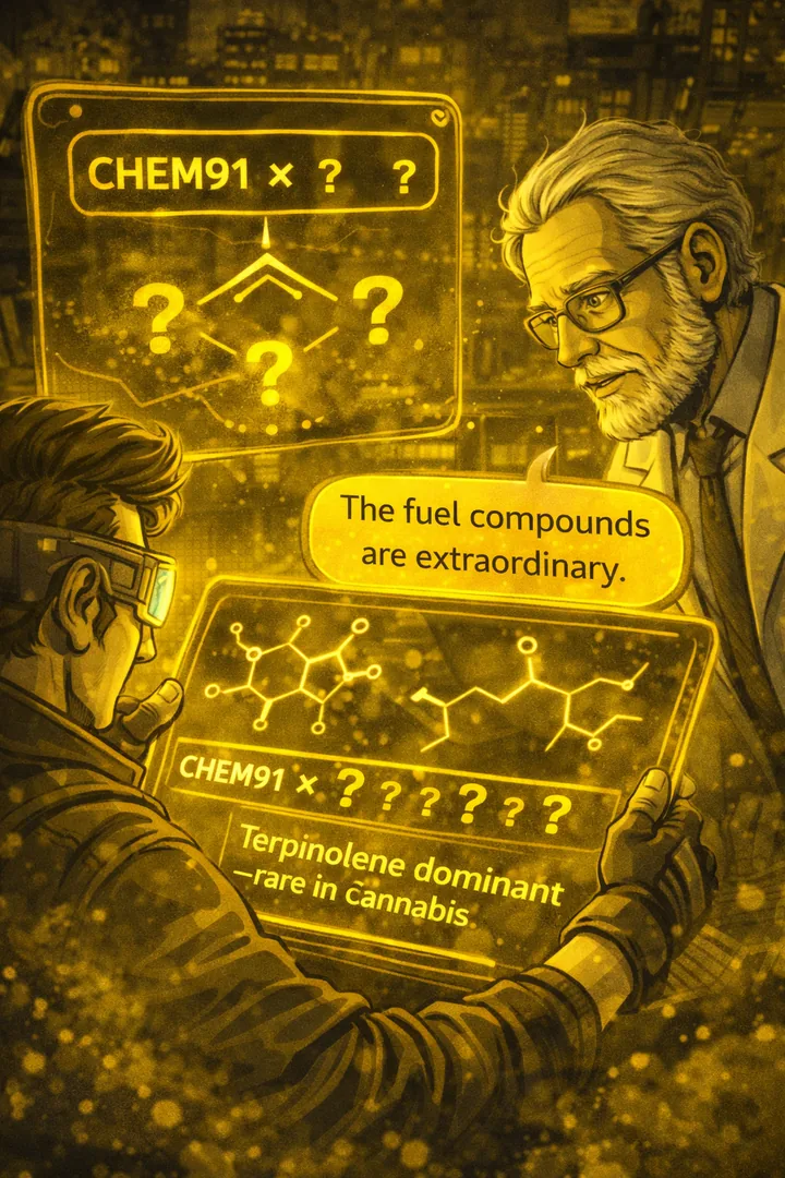 Aris' Terp-O-Meter raucht und piepst bei der Sour Diesel Analyse, Display überfüllt mit Limonen-Werten.