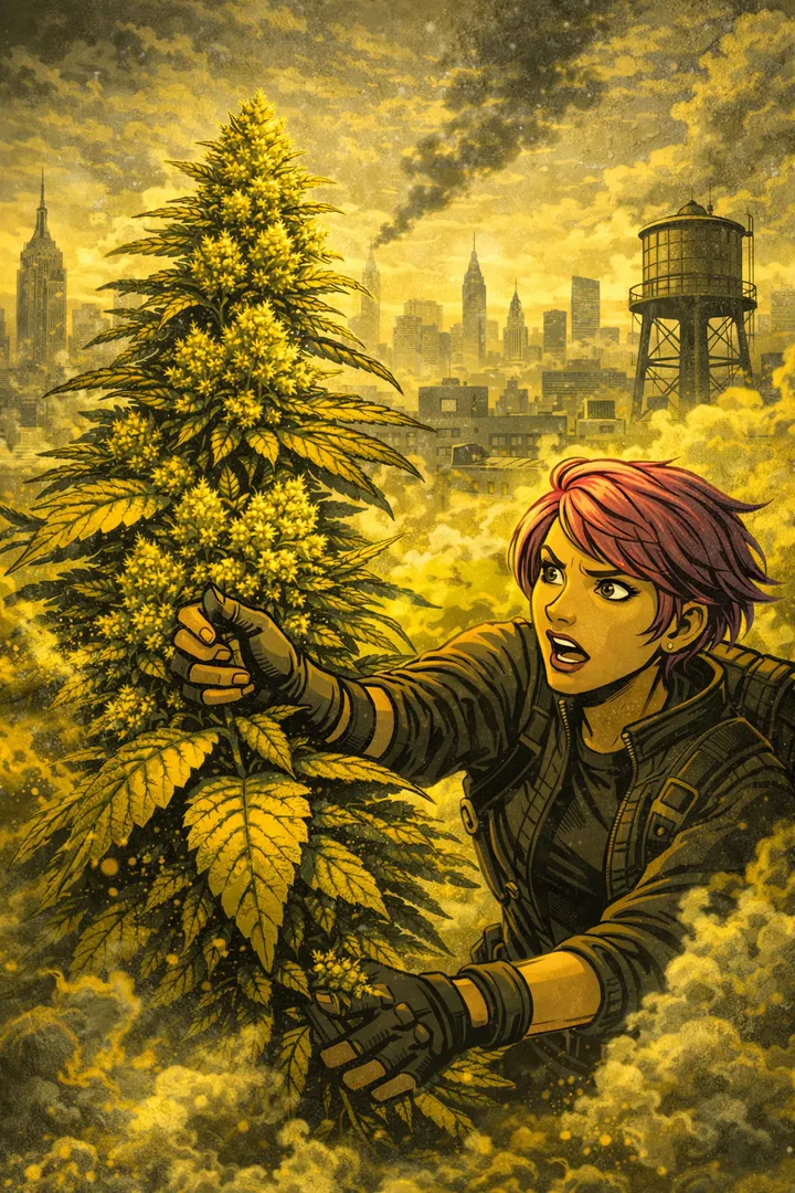 Dr. Thorn und die Strainversler vor einem Hologramm von Sour Diesel, mit orangefarbenen Flammen-Effekten.