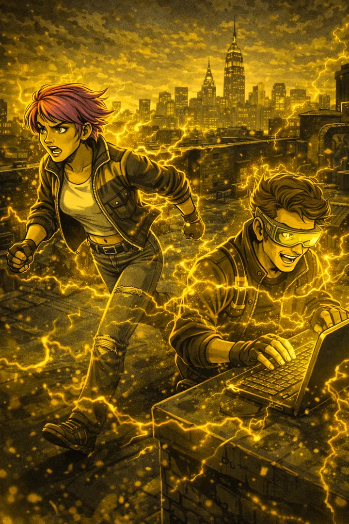 Juno und Aris im Speed-Modus nach dem Sour Diesel Test – Speed-Lines überall, Keller-Raum elektrisiert.