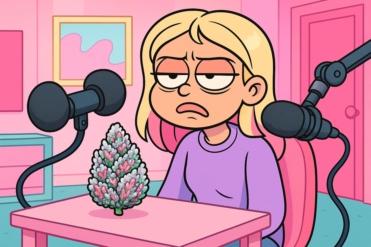 ASMR-Food-Kritikerin Zoe in ihrem Studio, wie sie einen Strawberry a la Mode Bud skeptisch beäugt.
