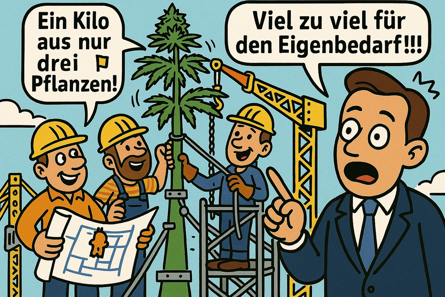 Karikatur zeigt Hendrik Streeck, der entsetzt auf drei riesige Cannabispflanzen blickt, die von Bauarbeitern gestützt werden, mit der Sprechblase 'Viel zu viel für den Eigenbedarf!!!'