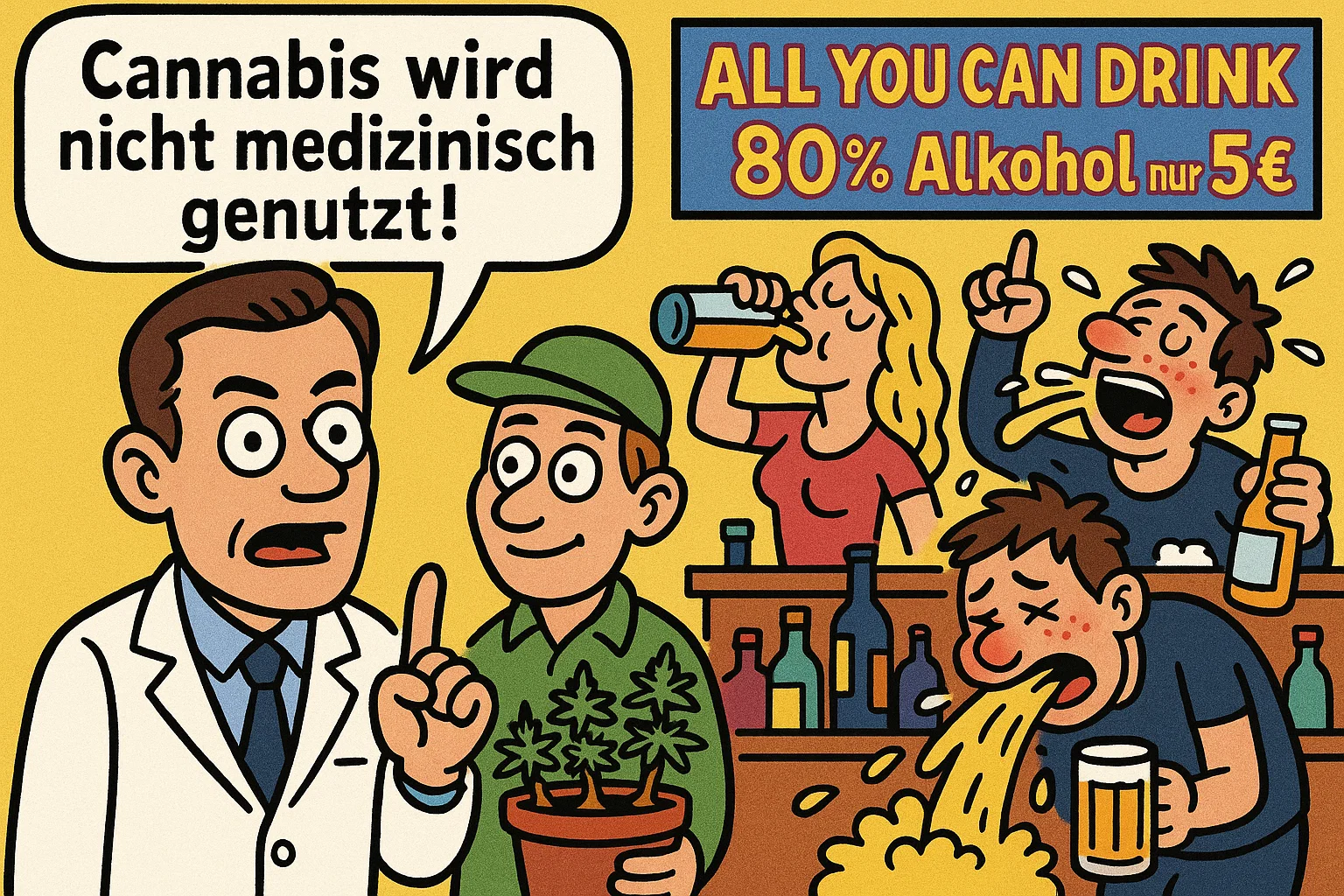 Karikatur, in der Hendrik Streeck im Arztkittel auf einen Cannabis-Patienten zeigt und sagt 'Cannabis wird nicht medizinisch genutzt!', während im Hintergrund eine exzessive Alkohol-Party stattfindet.