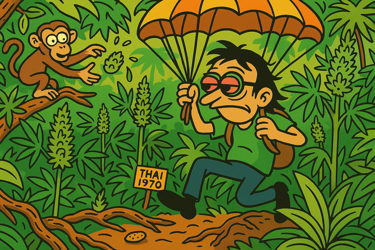 Comic 1: Der Protagonist landet per Fallschirm im thailändischen Dschungel, umgeben von riesigen Cannabis-Pflanzen.