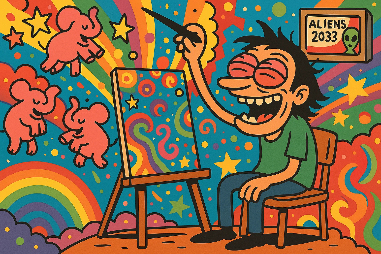 Comic 2: Der Protagonist testet Thai und erlebt einen psychedelischen Trip mit explodierenden Farben und tanzenden Elefanten.