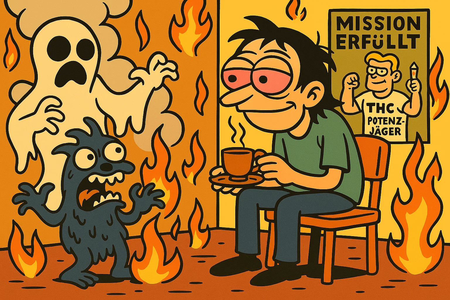 Comic 5: Der Protagonist wird nach zu viel Konsum paranoid und sieht Geister, entspannt sich aber schließlich wieder.