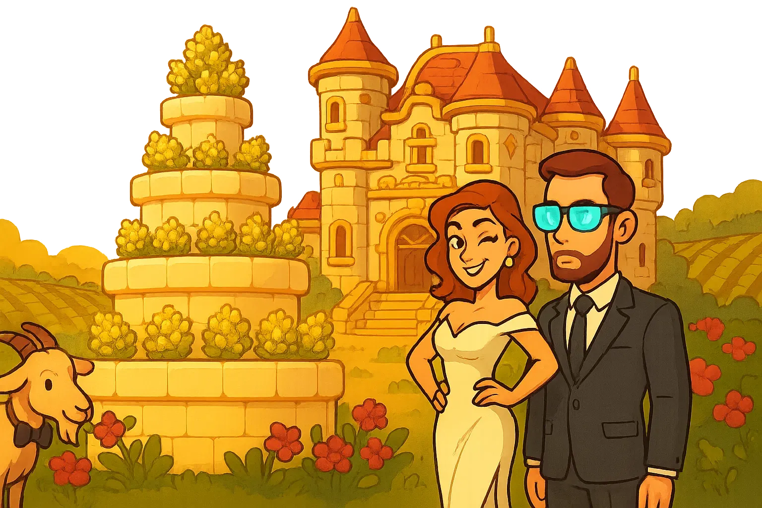 Die Strainversler Juno und Aris, getarnt auf einer Hochzeit, vor einer riesigen Hochzeitstorte.