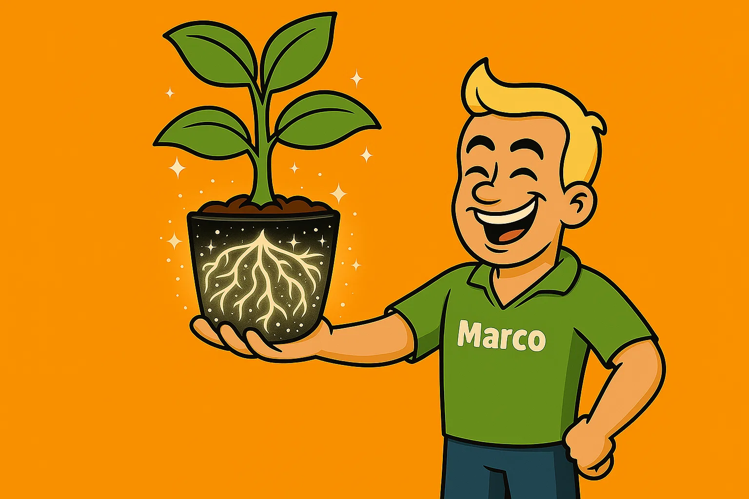Karikatur: Ein Grower triumphiert mit einem massiven, gesunden Wurzelsystem in den Händen.