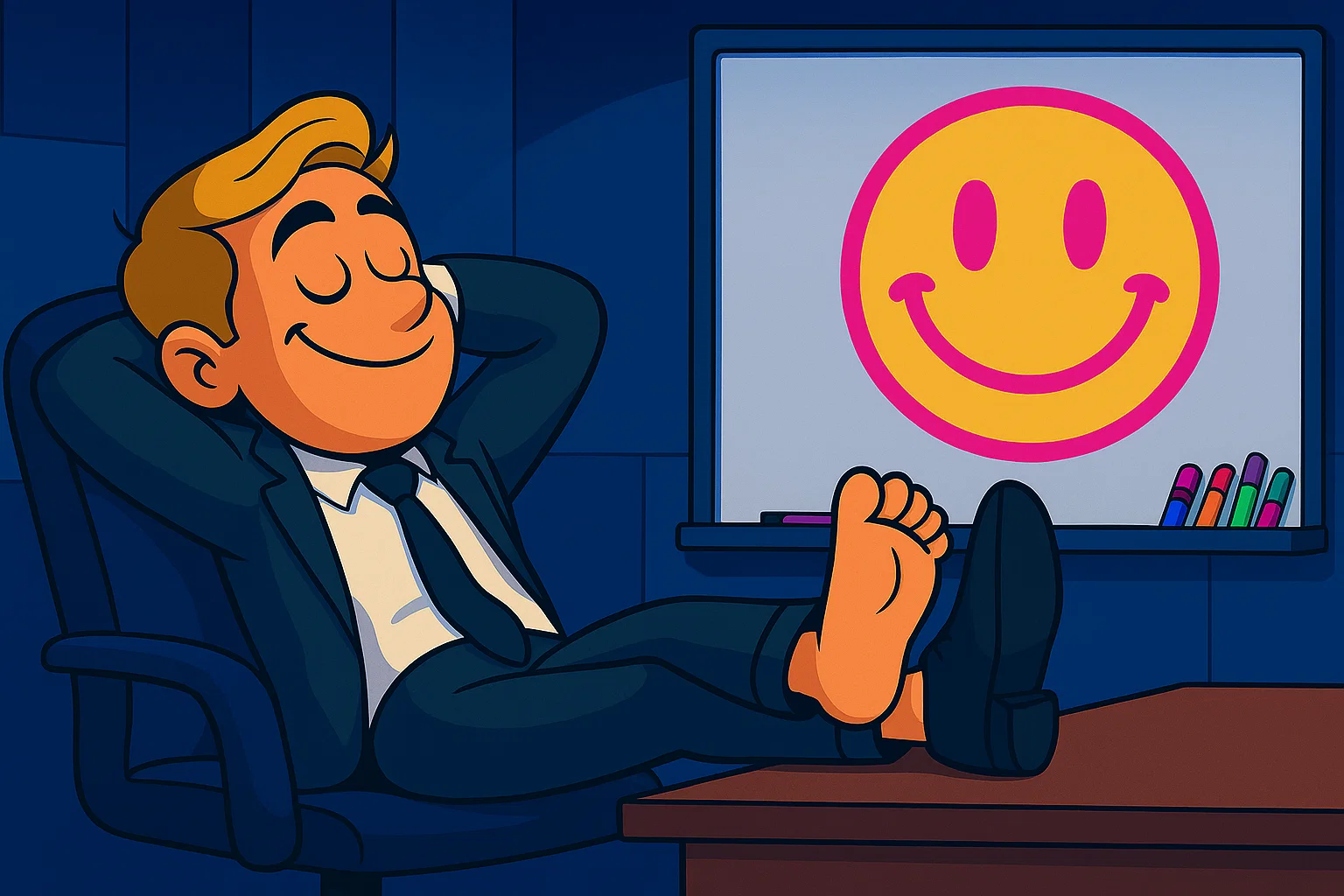 Comic: Max' Whiteboard, normalerweise voll mit Business-Plänen, zeigt nun ein riesiges, buntes Smiley-Gesicht.