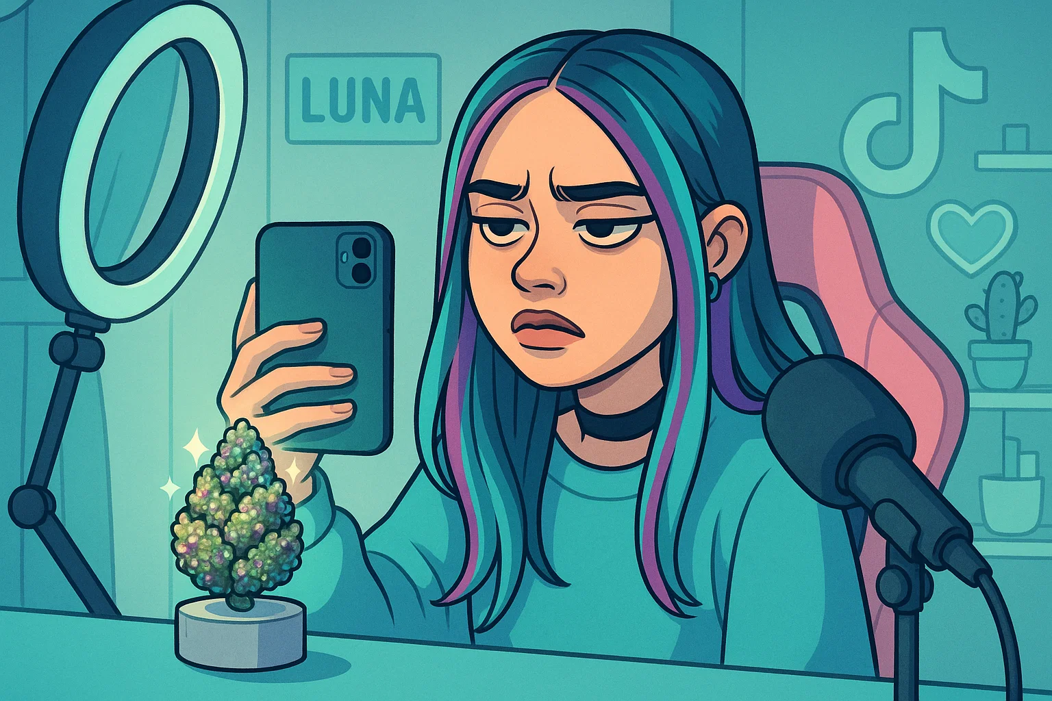 Influencerin Luna versucht in ihrem pastellfarbenen Studio, ein ernstes TikTok-Video mit dem Zoap-Strain zu drehen.